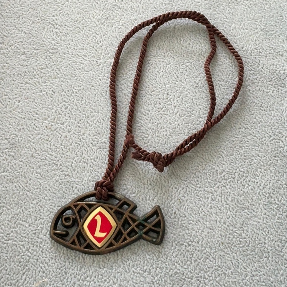 Brown Fish Pendant Necklace with Red Accent 22” cord